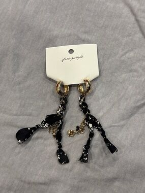 Free People Gold Hoop Earrings with Black & White Floral Tassels